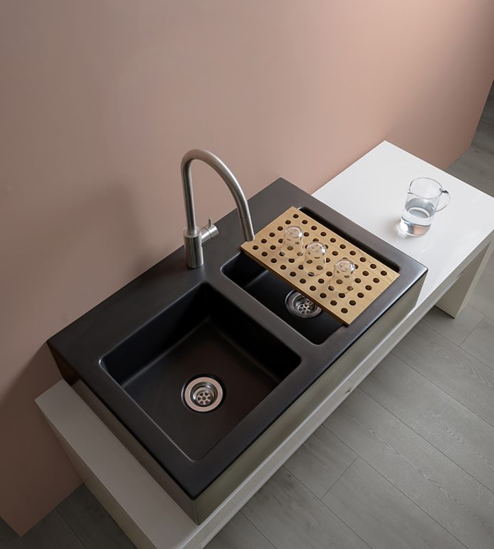 Modern black kitchen sink with dual bowls
