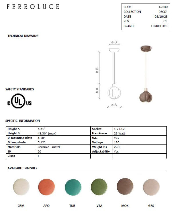 Afoxé C2640 Pendant Lamp | Ferroluce Ceramic Lighting