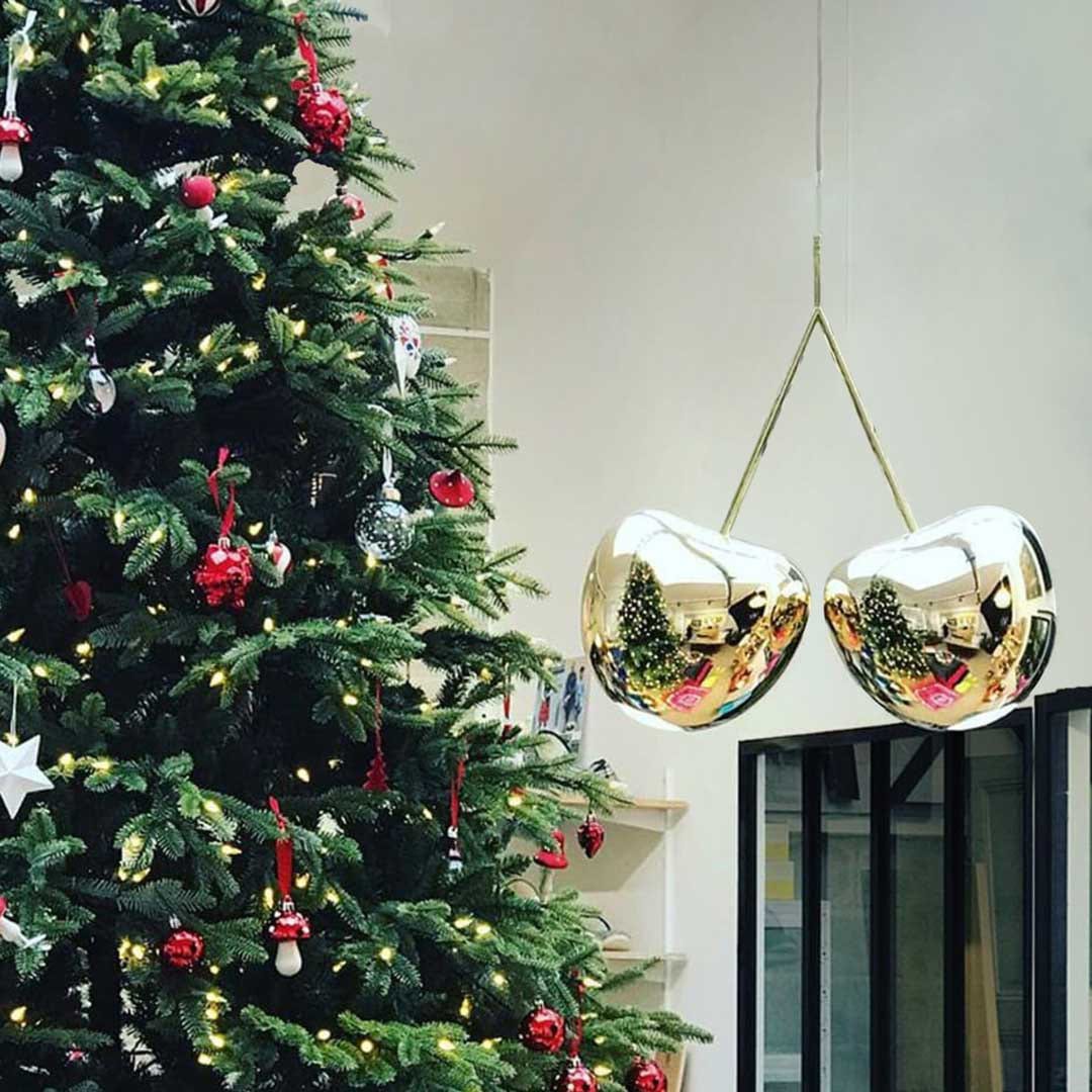 Qeeboo Cherry Pendant Lamp in silver metal finish with an artistic living and Christmas time