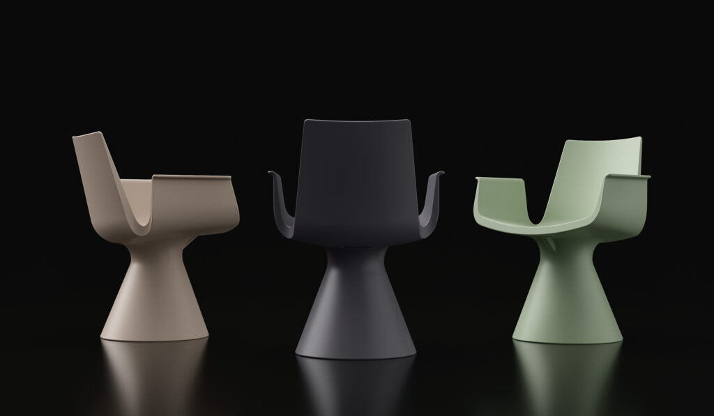 Three Modern Chairs In Beige, Black, And Green