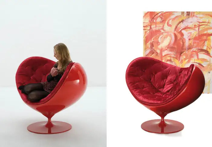 A split-screen view of a red tulip-style Love Armchair. The left side shows a woman sitting inside the chair, and the right side shows the chair alone .