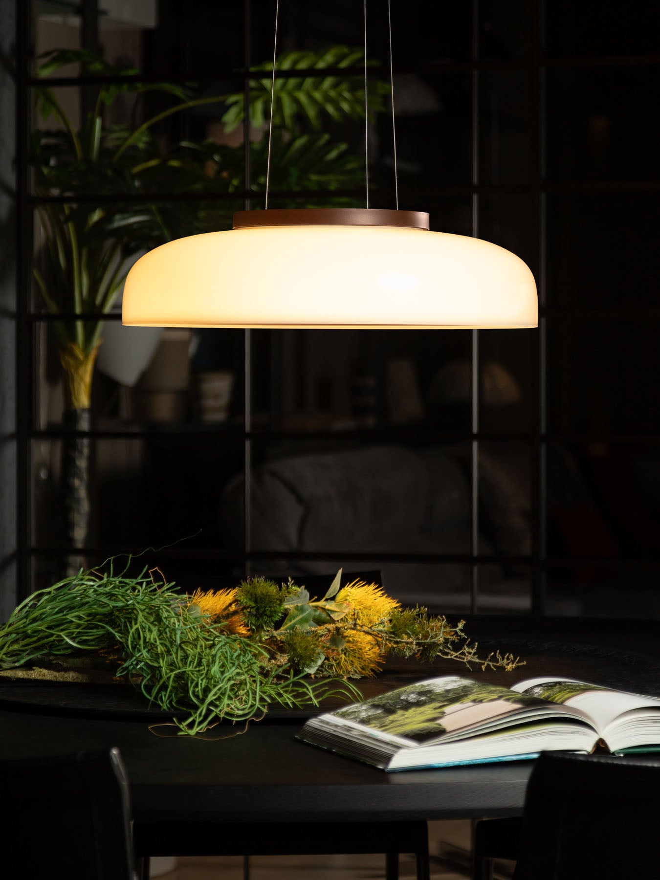 Modern pendant light hanging above a table with plants and a magazine.