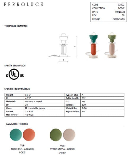 Berimbau C2602 Table Lamp | Ferroluce Ceramic Lighting