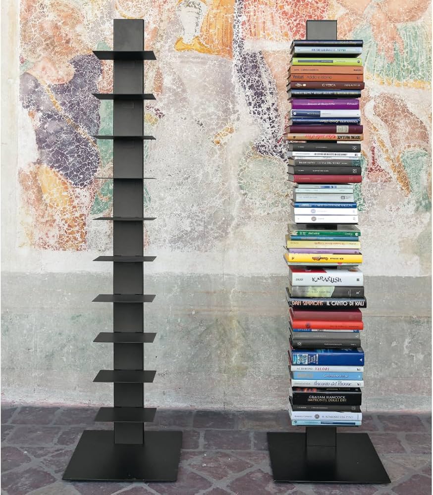 Sapiend black metal multi-tier bookshelf shown in two configurations: empty on the left, and stacked with books on the right, set against a textured, painted wall.