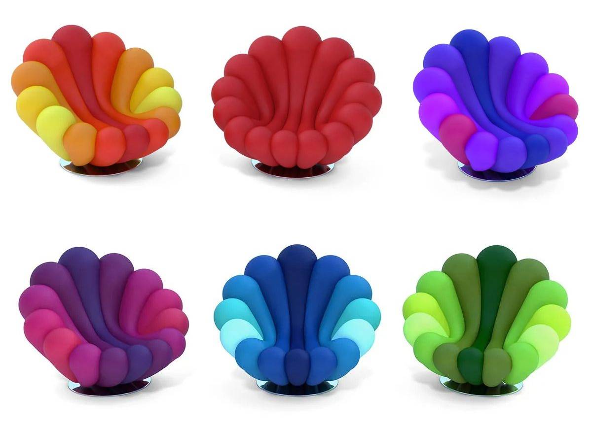 Six modern shell-shaped Anemone armchairs arranged in two rows on a white background, each shown in a different color combination including red, orange, yellow, purple, blue, green, and light blue.