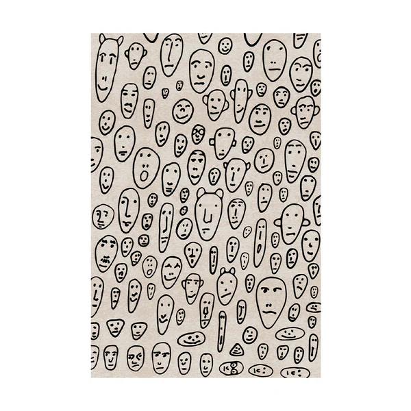 Qeeboo Floating Faces Carpet featuring abstract black line‑drawn faces on a beige background