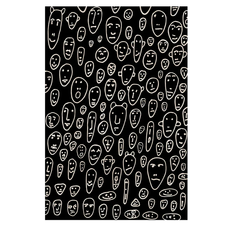 Carpet Floating Faces by Qeeboo, artistic Italian designer rug with surreal expressive face motifs