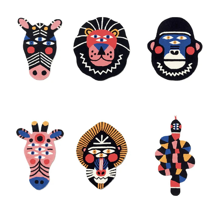 Qeeboo Animal Graphic Carpet Collection by Marco Oggian featuring colorful abstract animal illustrations