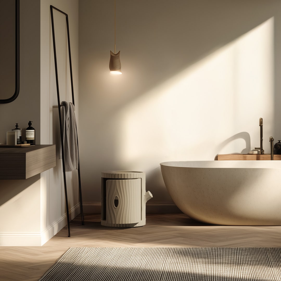 Qeeboo Tronco Multifunctional Container used as a modern indoor side table in a bathroom, recyclable polyethylene Italian design