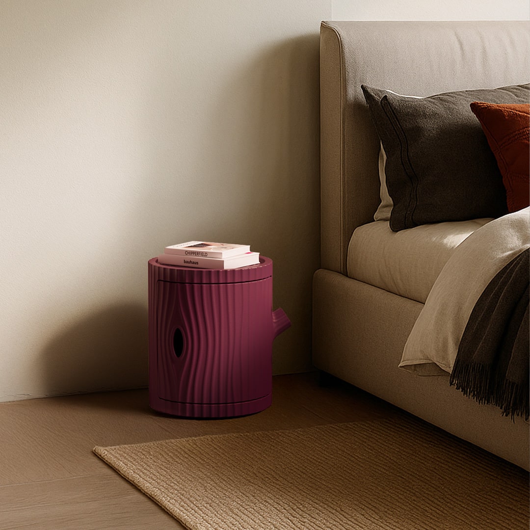 Qeeboo Tronco Multifunctional Container used as a modern indoor side table in a bedroom, recyclable polyethylene Italian design