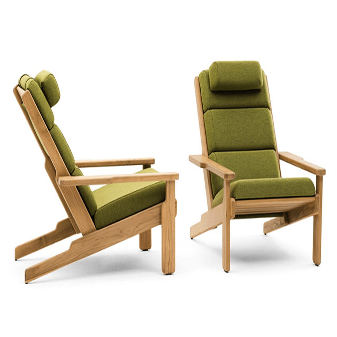 Wooden lounge chairs with green cushions
