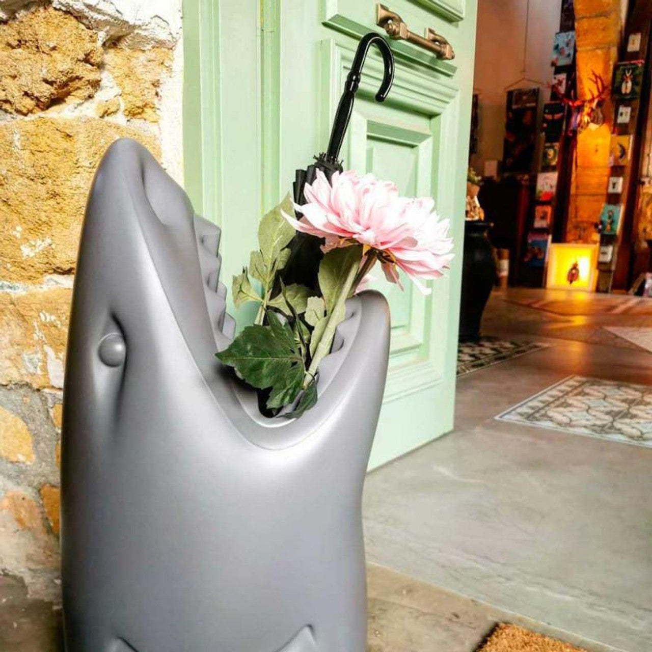 Sculptural shark-shaped umbrella stand in polyethylene bY QEEBOO