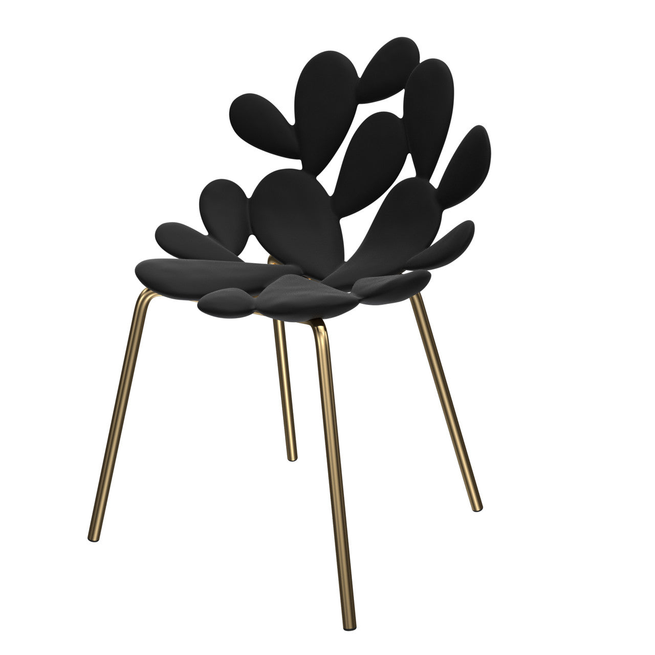 A black Filicudi dining chair with a unique design, featuring a recyclable polyethylene seat and a brass base. Qeeboo Made in Italy