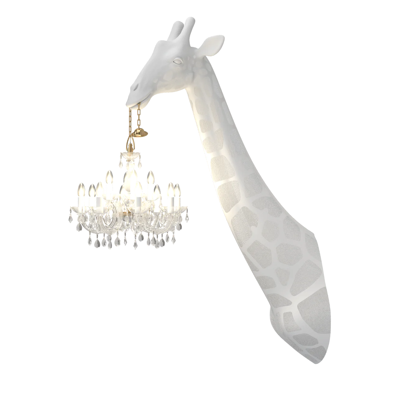 A white giraffe-shaped wall lamp with a warm, soft light, hanging from a chandelier by Qeeboo