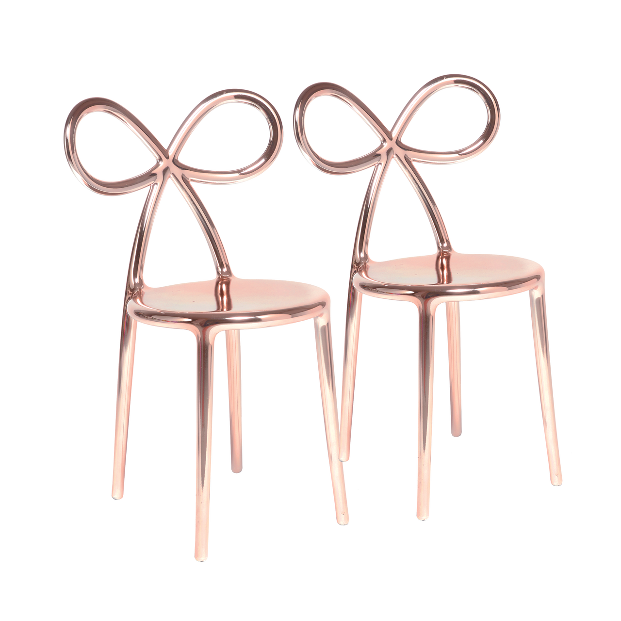 A set of two contemporary style dining chairs with a ribbon design on the backrest, finished in a pink metal look, Ribbon by Qeeboo